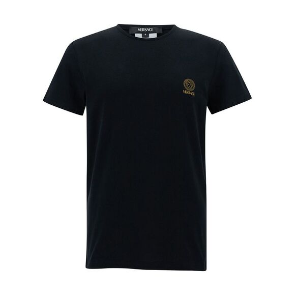 Versace Men Black Crewneck T-Shirt With Medusa Logo Print In Stretch Cotton Man